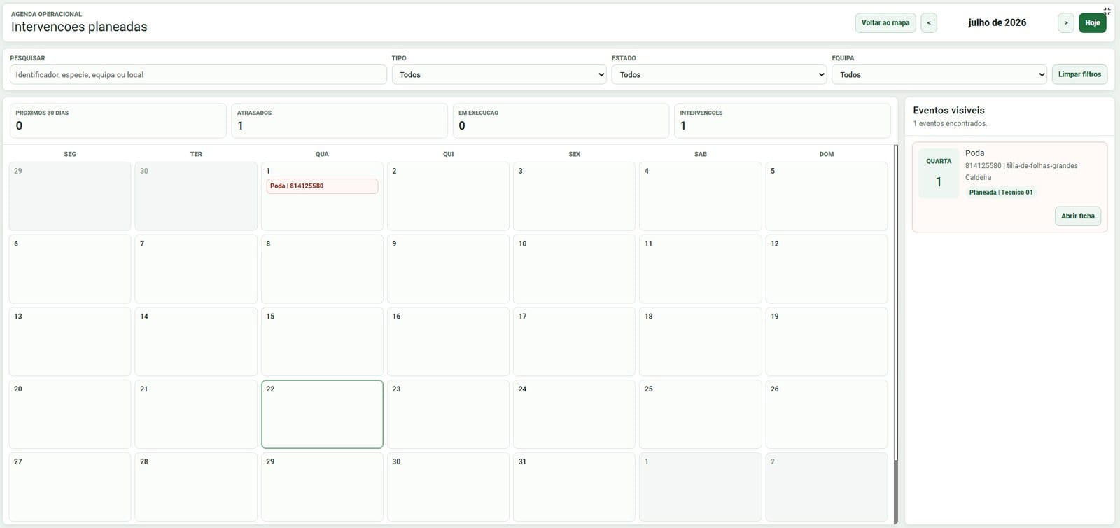 The operational agenda: planned interventions on a calendar with overdue counters and team filters.