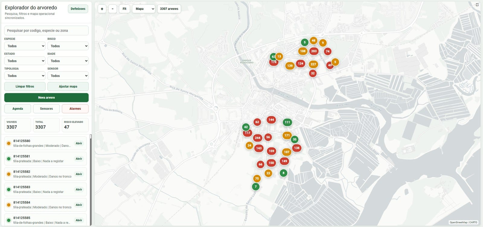 Tree explorer: an operational map with search, filters and colour-coded risk clusters across the urban tree stock.