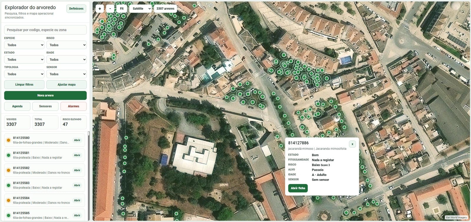 Satellite view with every tree georeferenced and a quick record popup for a selected tree.