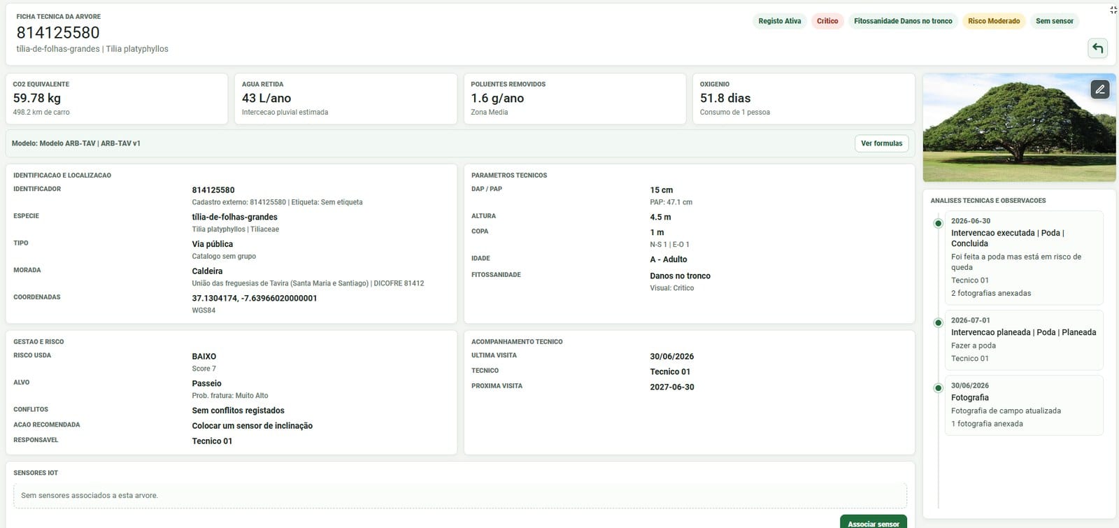 The digital tree record: identification, technical parameters, risk, environmental indicators and an event timeline.