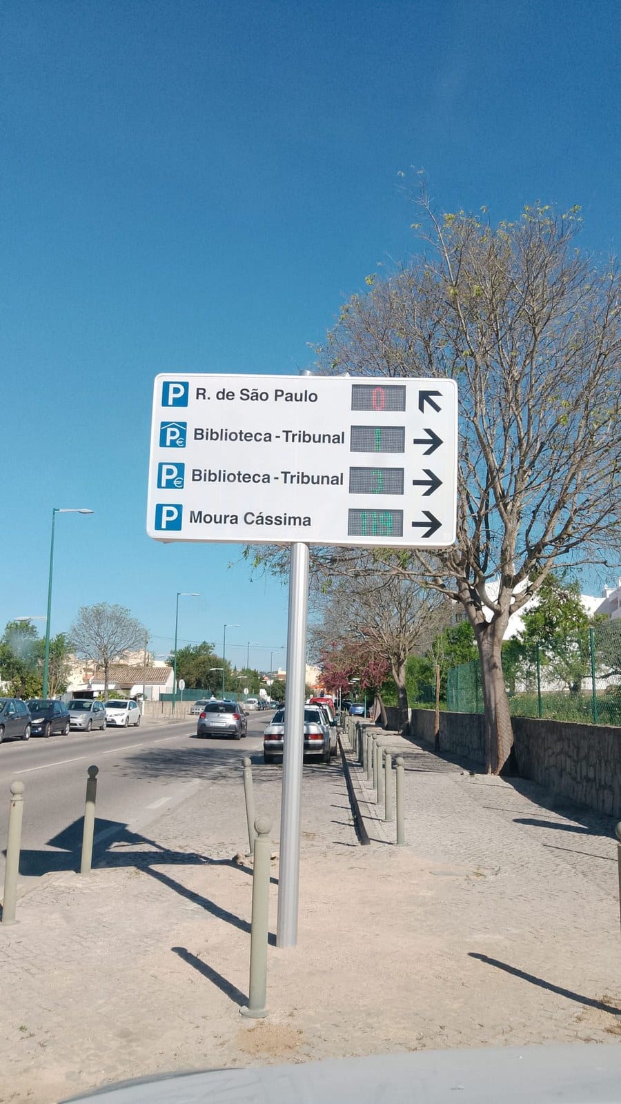 On-street parking-guidance sign in Loulé, showing four car parks and their live availability.